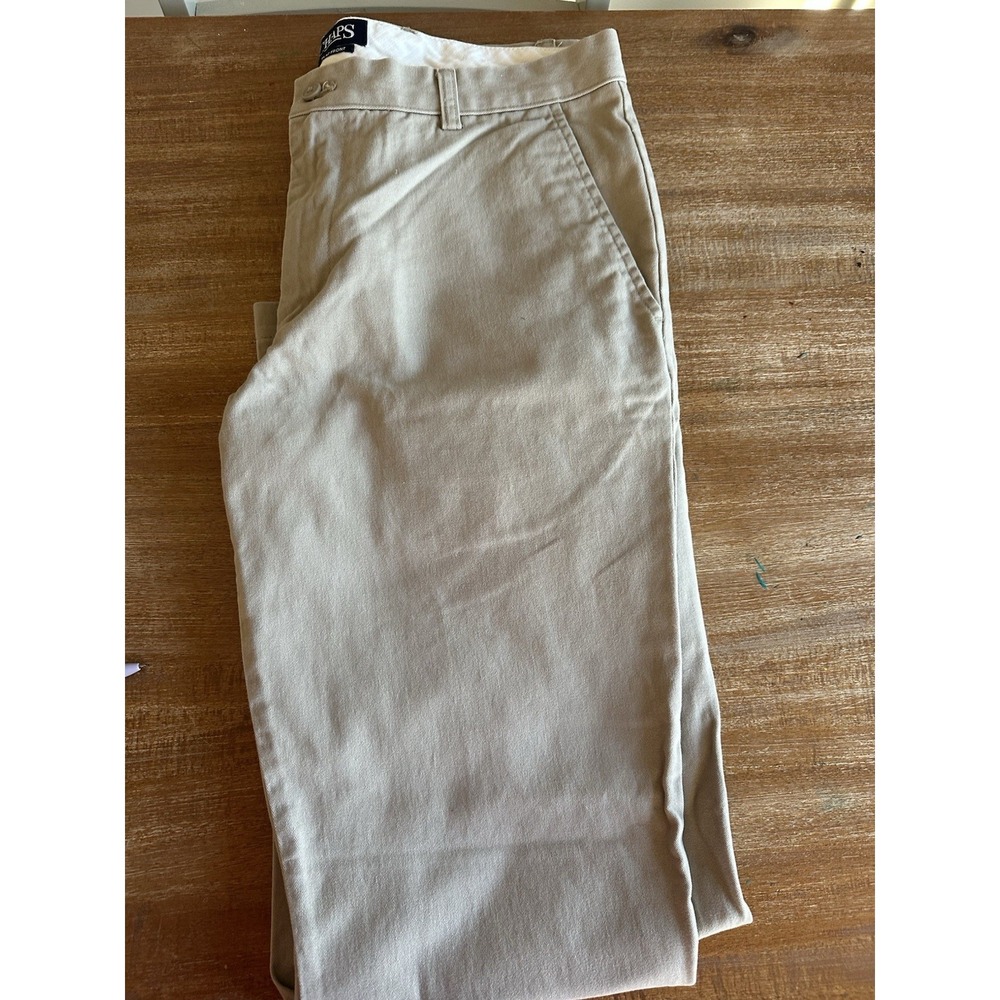 Chaps Casual Dress Pants Mens Beige Tan Khaki Chino Flat Front Cotton 34x32 NICE - Picture 8 of 9